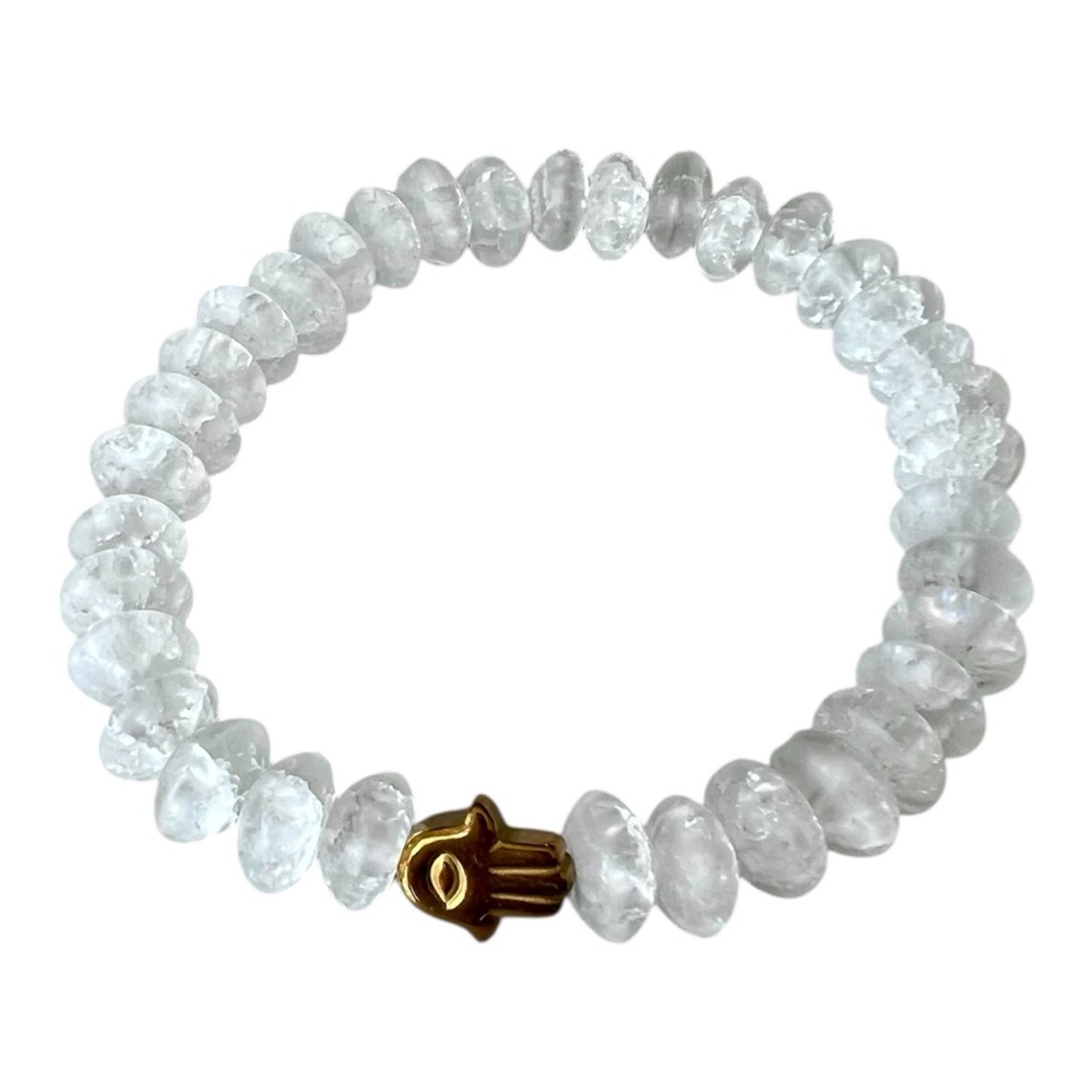 White Quartz and Hematite Beaded Bracelet with Hamsa Hand Set of 3 - Picture 2 of 4